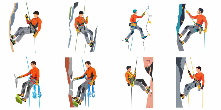 Illustrations of a man engaged in various rock climbing and rappelling activities, demonstrating different techniques and safety gear for adventure sports.