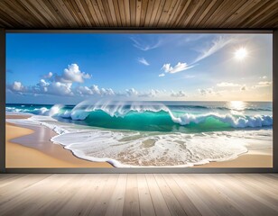 Vivid wall mural shows ocean waves with sky framed by wood ceiling/floor