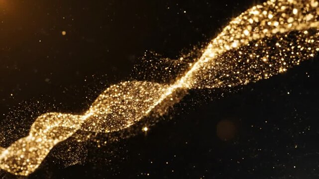 Golden shimmering glitter particles swirling on dark abstract background