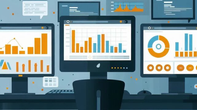 Monitors with graphs and charts reflect the dynamics of analytical processes &mdash; a universal background for business reports and educational materials on statistics.

