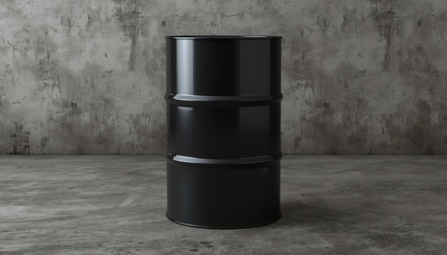 Blank black steel oil drum barrel. Heavy industrial container mockup.