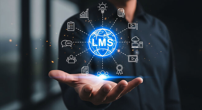 Businessman holding holographic LMS Learning Management System icons