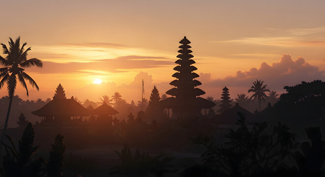 Digital painting of an afternoon atmosphere at a Balinese temple, golden orange sky