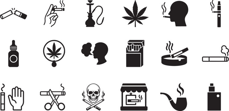 Smoking icon set with cigarette, vape and no smoking signs. Editable outline EPS vector pack.