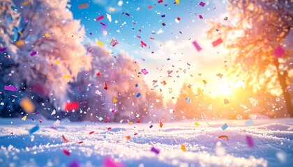 A vibrant winter scene with snow-covered trees and colorful confetti falling from above against a setting sun