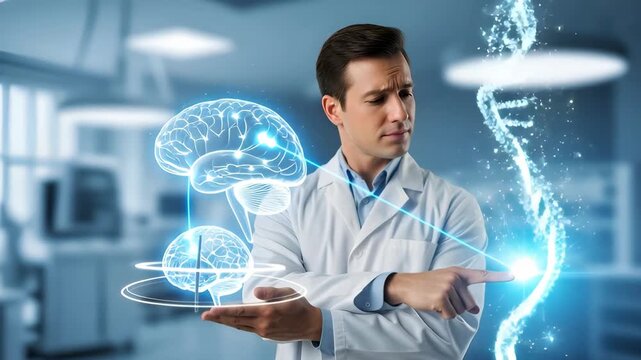 Male scientist interacting with digital brains and dna structure. AI agent medical scribe for advanced healthcare research.