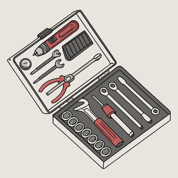 Open toolbox with various precision tools and mini rotary tool, organized for detailed craft and repair work, vector illustration