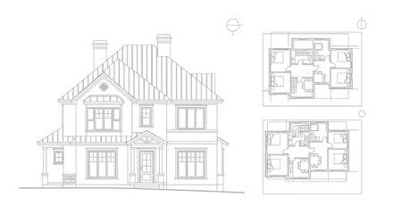 Comprehensive Architectural Blueprint of a Modern Two-Story House with Elevation and Floor Plans on Isolated White Background
