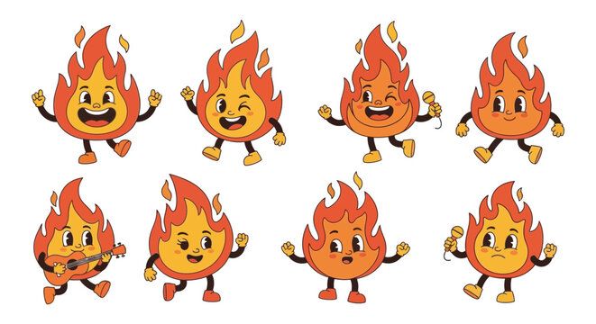 Animated flames with cheerful faces pose in various actions creating a playful and vibrant illustration silhouette high quality professional detailed
