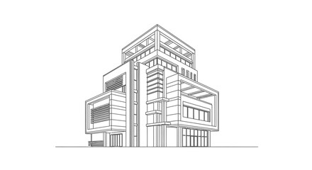 Fototapeta premium Architectural line drawing of a modern multi-story building with geometric design and large windows.