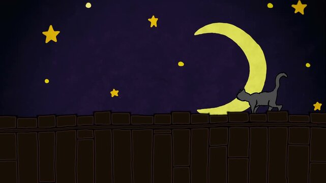 Hand drawn animated cartoon sketches of a grey cat walking along a wooden backyard fence against a night sky with stars and a crescent moon.