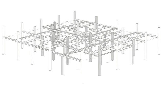 Detailed 3D wireframe outline of a building construction framework or foundation structure, isolated white background.