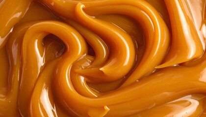 Close-up of rich, glossy caramel with swirling, smooth texture