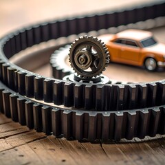Close-up of car parts belt, gears, and toy car on wooden surface