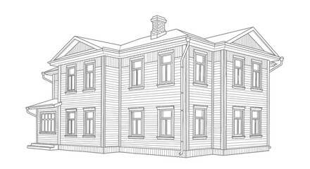 Detailed line drawing of a traditional two-story wooden house with multiple windows and a pitched roof, viewed from an angle. © Umi