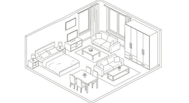 Isometric line drawing of a modern studio apartment interior layout with various furniture and windows.