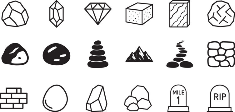 Stone icon set with rock, pebble and mineral symbols. Editable outline EPS vector collection.