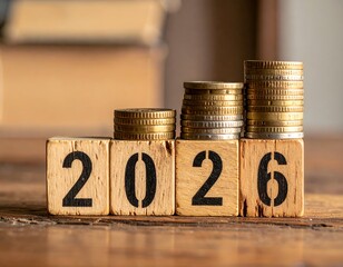 Wooden blocks spelling "2026" with stacked coins, suggesting financial growth