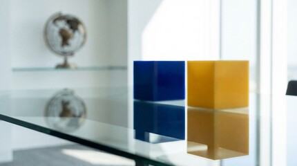 A close-up view of blue and yellow cubes on a glass shelf in a bright modern room.