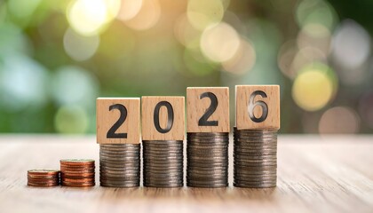 Coins stacked with wood blocks displaying the year 2026