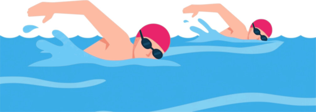 two swimming, flat illustration. Male and female freestyle swimmers, simple cartoon style.
