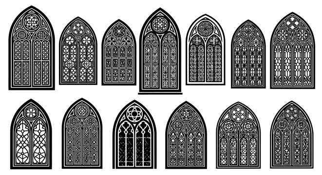 Collection of intricate black and white Gothic arched windows with detailed patterns, showcasing various architectural designs and historical styles.