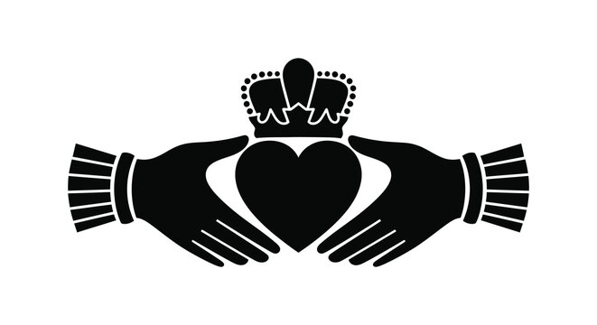 A striking black design showcasing cupped hands holding a heart with a crown representing care and royalty silhouette