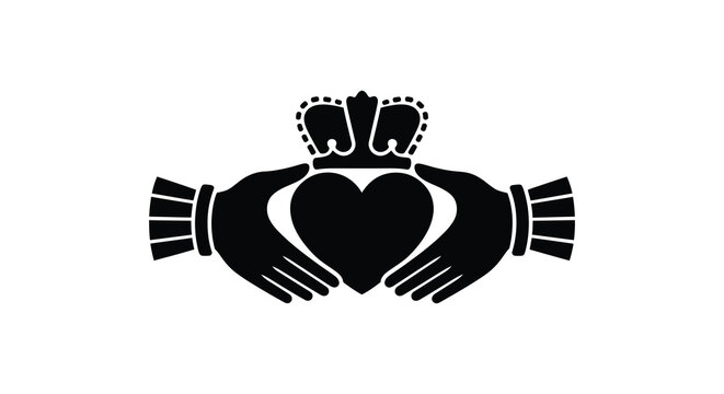 A striking black graphic depicts a traditional claddagh symbol of love loyalty and friendship a silhouette high quality professional