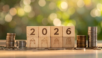 Wooden blocks spelling "2026" with coins, bokeh background