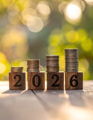 Coins stacked on blocks forming "2026", with blurred background