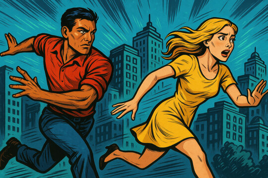 A man and a woman run through a city with expressions of fear and urgency. Dramatic action scene features vibrant colors and bold lines in a vintage comic book style.