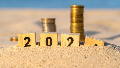 2024 carved blocks in sand with coin stacks
