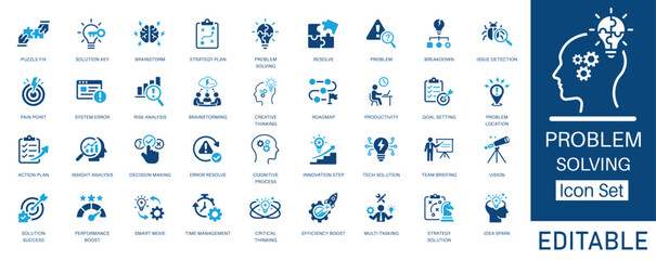 Problem Solving and Strategy icon set. Featuring Risk Analysis, Brainstorming, Creative Thinking, and Decision Making. Solid glyph vector icons for corporate, management, and business strategy project © Iconify