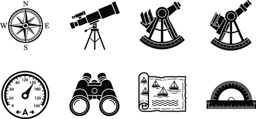Navigation and nautical instruments silhouettes set, compass telescope sextant binoculars map gauge isolated on white background vector illustration collection © fmfahim creatives