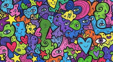 Vibrant Doodle Art Pattern: Colorful Hearts, Eyes, Stars, and Swirls