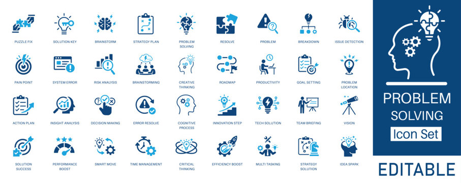 Problem Solving and Strategy icon set. Featuring Risk Analysis, Brainstorming, Creative Thinking, and Decision Making. Solid glyph vector icons for corporate, management, and business strategy project