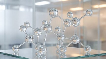 Glass molecular model on a table in a modern office setting with soft focus background
