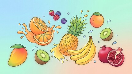 Colorful illustration of assorted fresh fruits floating in mid-air with splashes