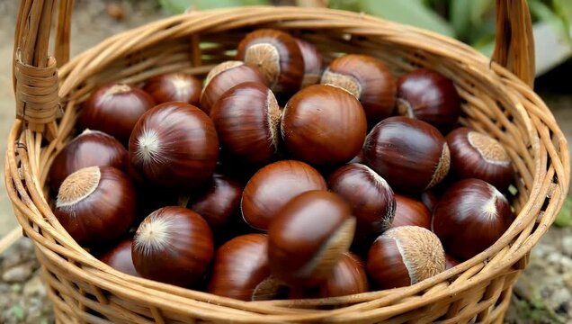 close up 4k rotating footage of freshly harvested shiny brown chestnuts in a woven basket emphasizing natural textures rich colors and farm to table authenticity for organic food or harvest visuals