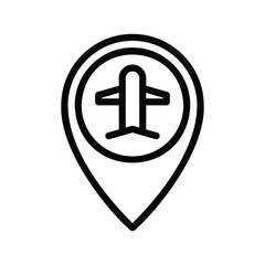 Obraz premium A simple black and white line art icon representing an airplane inside a location pin marker. Aviation Single Line Icon.