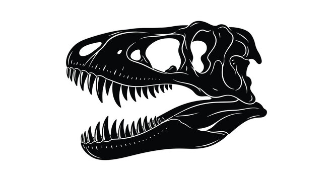 A striking black silhouette depicts the head of a tyrannosaurus rex showcasing its formidable teeth and bone structure silhouette