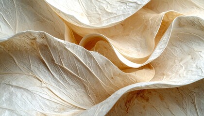 Close-up of layered, pale, textured material with visible ridges and undulating folds, creating organic shapes. Warm color palette