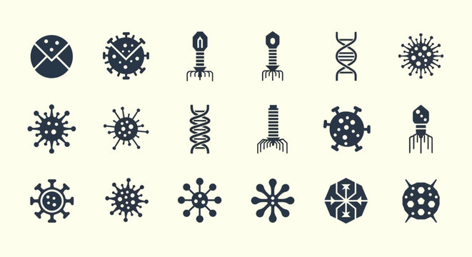 Virus and Bacteriophage Icons Set in Glyph Style