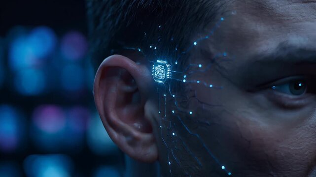 Futuristic scene featuring a human ear with a cybernetic implant, evoking a mood of advanced technology and innovation.