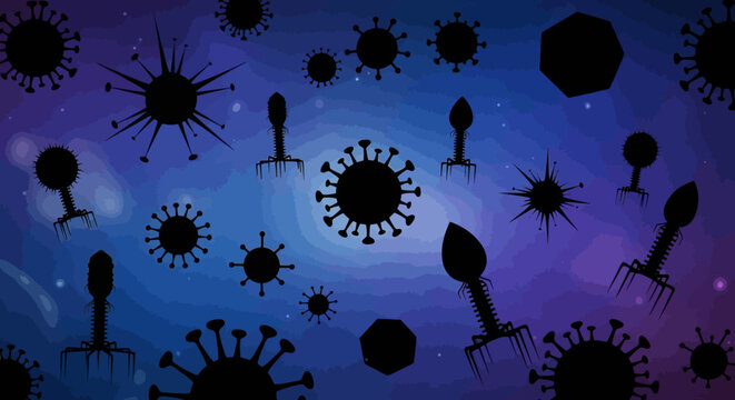 Virus and bacteriophage silhouettes on blue gradient