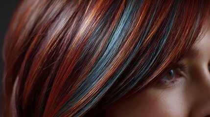Fototapeta premium Close up of multi colored hair with auburn copper and teal streaks