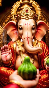 Ornate Ganesha idol with golden crown and lit oil lamps