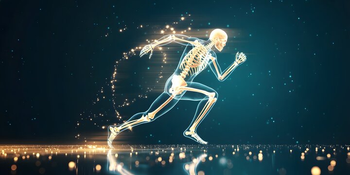 Dynamic 3D digital visualization of a human skeleton engaged in powerful running, illustrating anatomical science and peak athletic performance