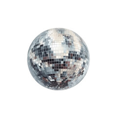 Shiny disco ball with many small mirrored tiles on a white background