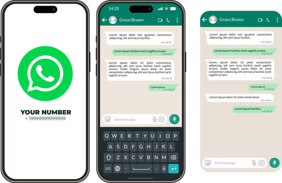 Professional mobile messaging app interface design, smartphone with green communication splash screen, clean digital chat layout with contact profile